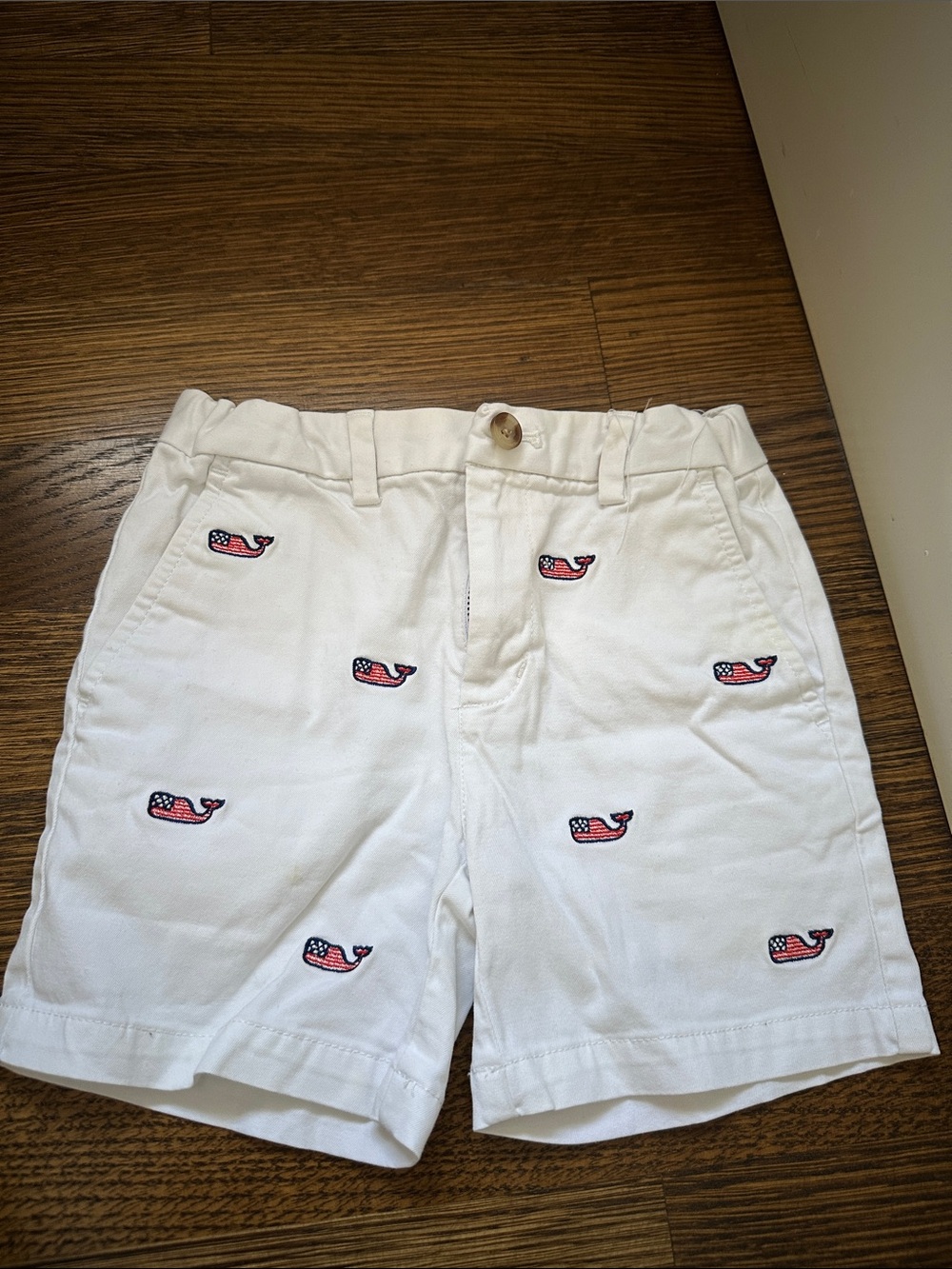 Vineyard Wines Boys White Embroidered American Flag Whale Shorts